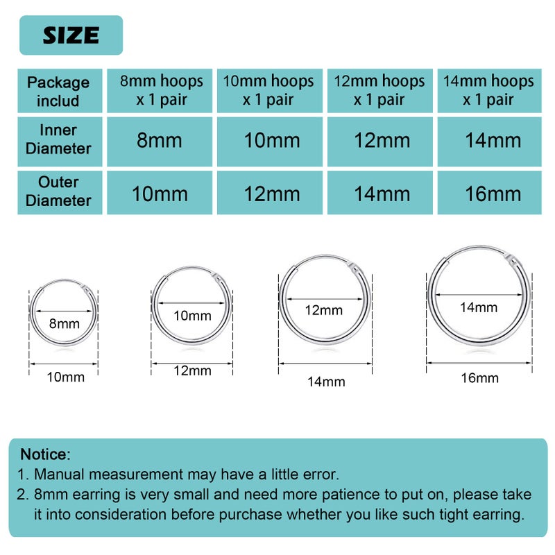 EPIRORA EPIRPRA Silver Hoop Earrings- Cartilage Earring Small Hoop Earrings for Women Men,4 Pairs of Hypoallergenic 925 Sterling Silver Tragus Earrings(Silver,8mm/10mm/12mm/14mm) - Image 5